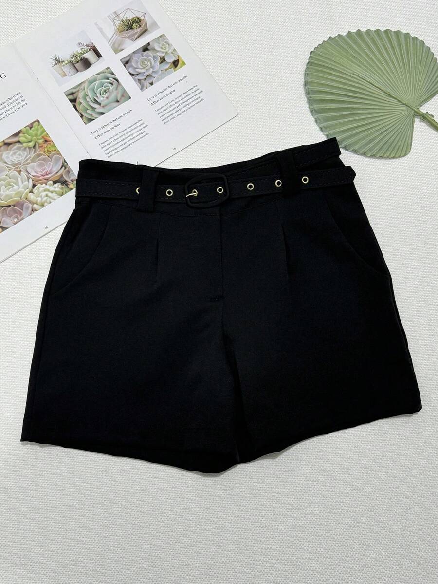 Tailored Shorts With Belt Have Pocket - 黑色 - 查看 1