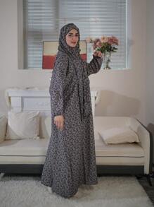 Women Comfortable & Breathable Prayer Dress Modest Long Sleeve Abaya Arabian Dress With Printed Shawl