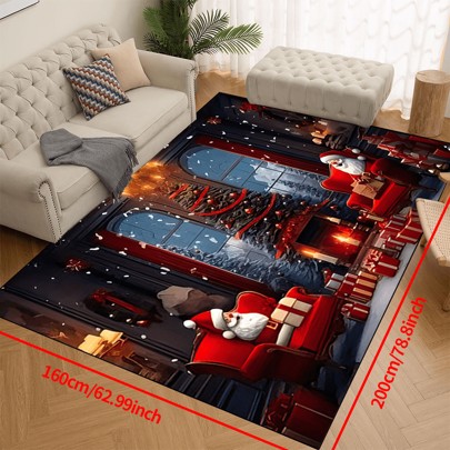 1pc 'Two Santa Claus Sit In Front Of The Hearth Christmas' Non-Slip Resistant Rug, Machine Washable, Carpet For Entryway Living Room Bedroom Nursery Room, Outdoor Patio Garden Yard Decor Rug, Home Decor, Room Decor, Area Rug, Tapestry