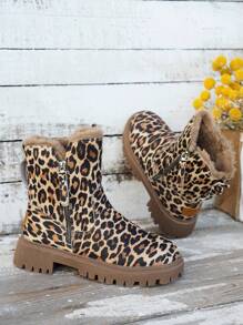 Oversized Warm Fur Lining Leopard Print Ankle Snow Boots For Women, Popular Style, Autumn/Winter 2024 - Leopard - View 1