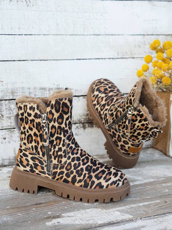 Botas de neve femininas com forro de pele quente e estampa de leopardo, estilo popular, outono/inverno 2024