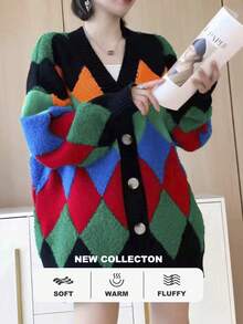 Argyle Plaid Drop Shoulder Oversized Cardigan - Black - View 4