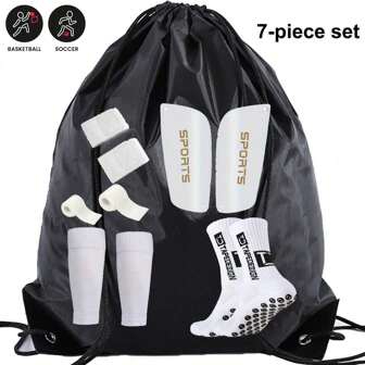 7-Piece FS Football Accessory Combination Package, Including Drawstring Bag, Football Leg Guards, Knee Guards, Sports Training Socks, 2 Bandages, And Ankle Protection Cover, Suitable For Multiple Sports Such As Basketball And Football, Easy To Carry, And Protects The Legs