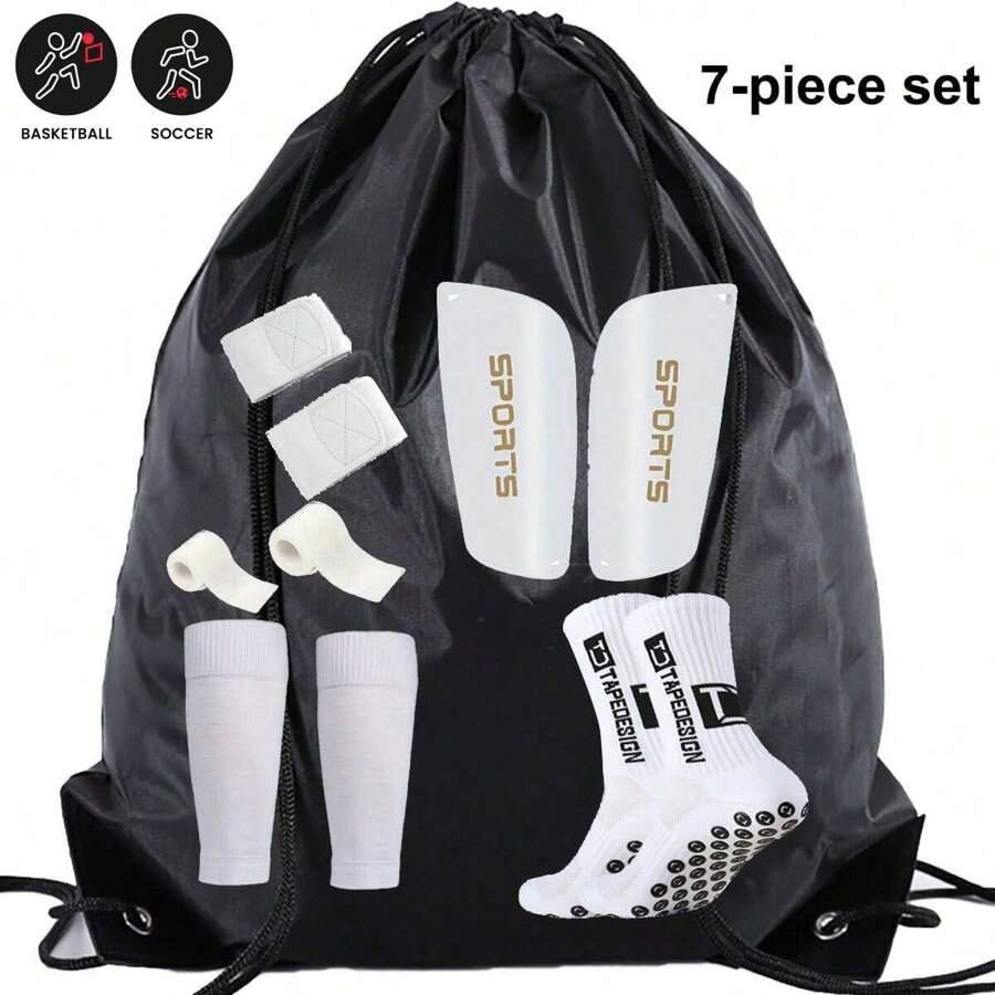 7-Piece FS Football Accessory Combination Package, Including Drawstring Bag, Football Leg Guards, Knee Guards, Sports Training Socks, 2 Bandages, And Ankle Protection Cover, Suitable For Multiple Sports Such As Basketball And Football, Easy To Carry, And Protects The Legs - Multicolor - View 1