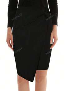 Ladies Suede Tie-Wrap High-Waisted Bodycon, Black Skirt, Business Casual Pencil, Black Skirt