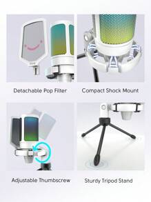 FIFINE AmpliGame USB Microphone, PC Gaming Recording Desktop Laptop Mic, RGB Streaming Podcasting Condenser Mic - White - View 10