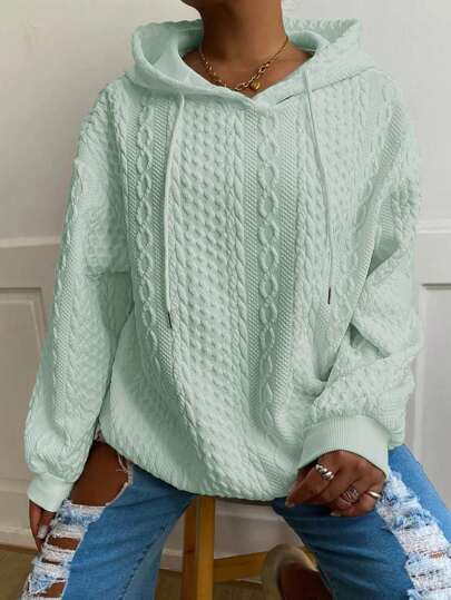 Plus Size Women Loose Casual Solid Color Knitted Jacquard Long Sleeve Hoodie Sweatshirt