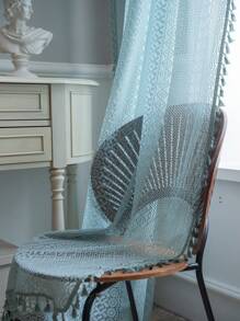 Bubaba 1pc Bohemian Farmhouse Style Grayish Blue Geometric Pattern Coin Curtain, With Grayish Blue Tassel Privacy Sheer Curtain, Suitable For Bedroom, Living Room, Kitchen, Dining Room, Office, Party, Holiday Decoration, All Season - Gray Blue - View 5