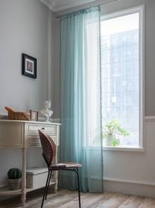 Bubaba 1pc Bohemian Farmhouse Style Grayish Blue Geometric Pattern Coin Curtain, With Grayish Blue Tassel Privacy Sheer Curtain, Suitable For Bedroom, Living Room, Kitchen, Dining Room, Office, Party, Holiday Decoration, All Season - Gray Blue - View 2