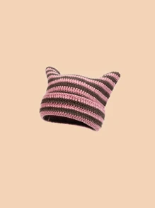 1pc Women's Handmade Striped Knit Hat, Cute Cat Ear Design With Pointed Style, Korean Fashion Y2k Street Headgear For Autumn/Winter Halloween
