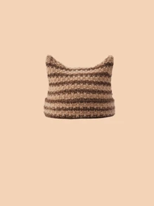 1pc Women's Handmade Striped Knit Hat, Cute Cat Ear Design With Pointed Style, Korean Fashion Y2k Street Headgear For Autumn/Winter Halloween