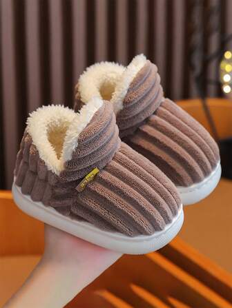儿童秋冬休闲防滑毛绒家居拖鞋，女童冬季室内条纹毛绒保暖套脚拖鞋，儿童生日/圣诞礼物，建议选购大一码。