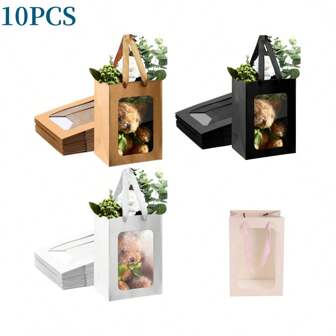Multi Colored 10PCS Kraft Paper Rectangular Regular Windowed Transparent Gift Bag Size: 20cm * 15cm * 10cm, Suitable For Bridal Gifts, Weddings, Birthday Parties, Various Holiday Gifts, Bouquets, Transparent Windowed Party Handbags,Christmas Valentine Day
