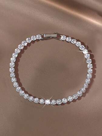 1pc Elegant Shiny Tennis Ball Zirconia Stone Chain Bracelet, Suitable For Girls As Friendship Bracelet, Holiday, Wedding, Engagement, Anniversary Party Gift