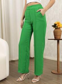Women's Wide Leg High Waist Pantaloons With Lined Button And Pocket - 綠色 - 查看 4