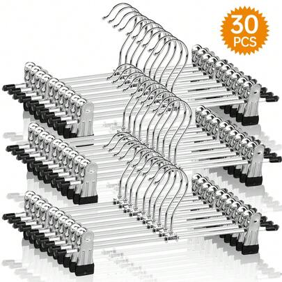 30 Perchas para Pantalones con Clip - Antideslizantes con Clips Ajustables Que no Deja Marcas Perchas de Metal Resistente Pantalones con Gancho Giratorio Perchas para Faldas y Jeans