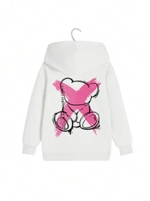 Tween Girl Cute Bear Print Casual Pullover Thermal Lined Hooded Sweatshirt, Autumn/Winter - White - View 4