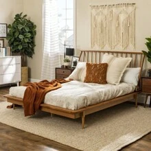 Mid-Century Modern Solid Wood Queen Platform Bed Frame With Spindle Headboard - Caramel - Caramel+Pine+Queen as Pic - View 3
