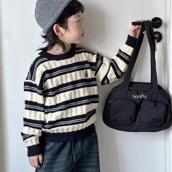 Boys Striped Knitted Crew Neck Sweater, Autumn Winter