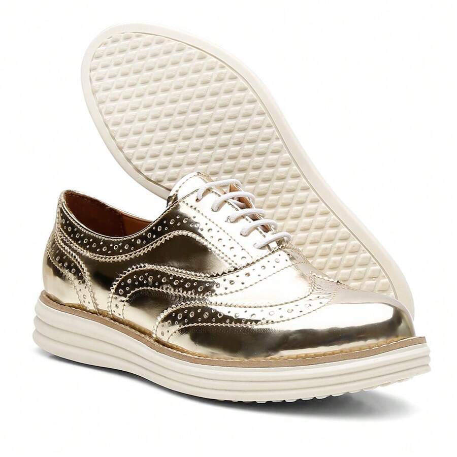 Women's Patent Leather Oxford Shoes With Openwork Details, Modern Style - Vàng - Xem 1