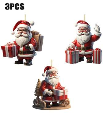3pcs 2D Acrylic Santa Claus & Christmas Tree Ornament Pendant Set, Christmas Tree Decoration, Party,Christmas