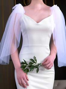 1 Pair Sheer Tulle Short Bridal Shrug, Suitable For Women Wedding, Banquet, Party, Birthday Outfit, Wedding Dress Accessories To Cover Arms With Safety Pins - White - View 8