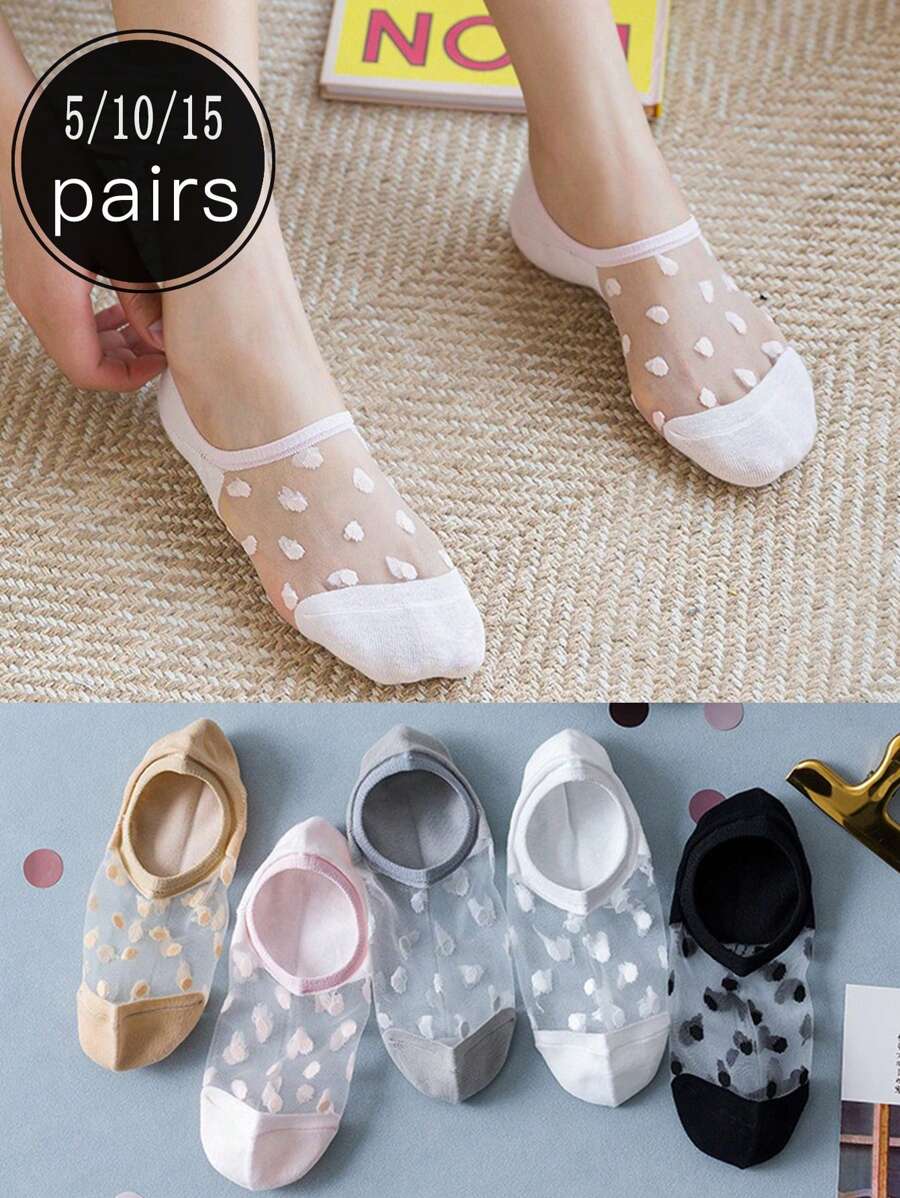 5/10/15 Pairs Women's Sheer Polka Dot Low-Cut Non-Slip Boat Socks, No Show Socks, Summer - Multicolor - View 1