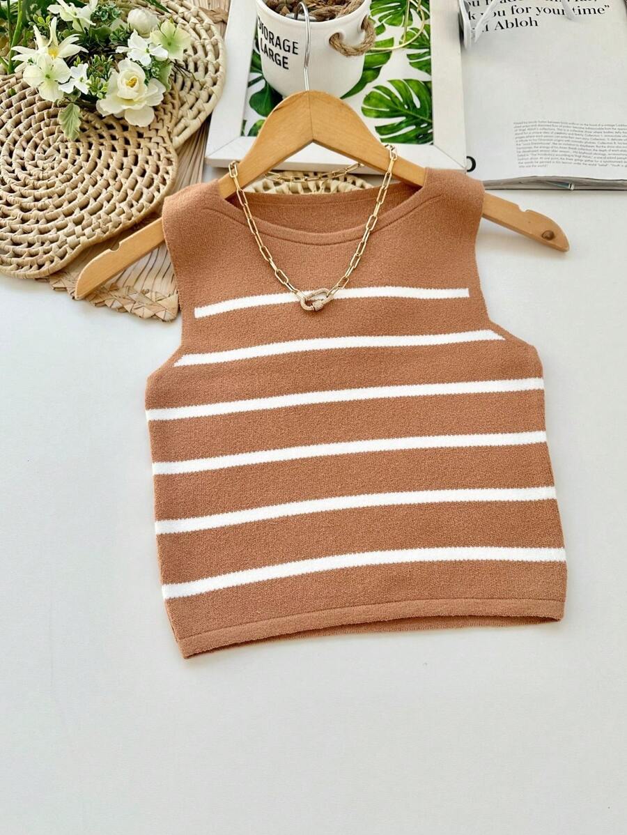 Striped Modal Tank Top New Women's Fashion - Khaki - View 1