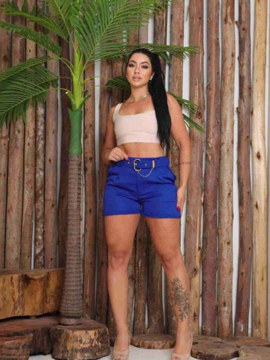 Women's Tailored Shorts With Covered Belt - Blue - View 1