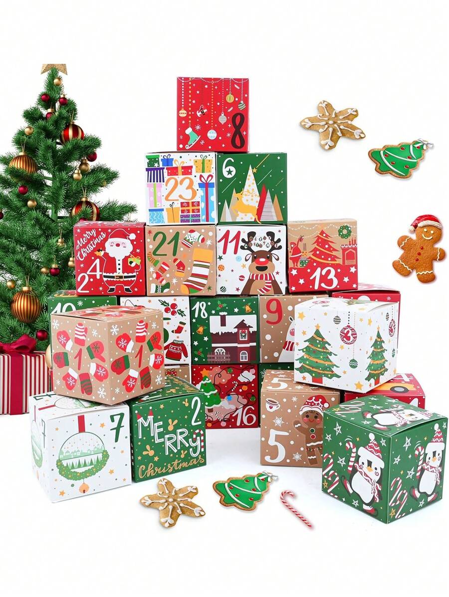 24 piezas Cajas de embalaje navideñas Calendario de Adviento sorpresa, Caja de dulces Galletas de regalo Caja de cuenta regresiva para fiesta de Navidad, regalo de cumpleaños, decoración del hogar, decoraciones navideñas, decoración de habitación de invierno