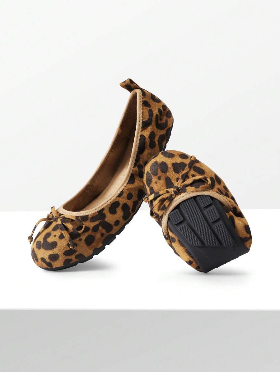 Women Leopard Print Bow Knot Flats Slip On Ballet Flats Round Toe Foldable Comfortable Soft Lightweight Travel Vacation Dress Flats Shoes - 豹 - 查看 1