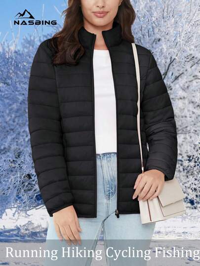 NASBING Women's Puffer Jacket Lightweight Quilted Lined Water Resistant Stand Zip Up Collar Winter Warm Coat With 4 Pockets