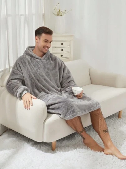1pc Men's Autumn/Winter Extra Long & Thick Hooded Plush Sherpa Robe With Large Pockets, Wearable Blanket Loungewear