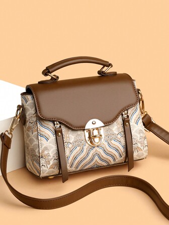 Vintage Minimalist Flip Lock Decorated Handle Bag, Can Convert To Women Shoulder Cross-Body Bag, Retro Inspired Bag For Women