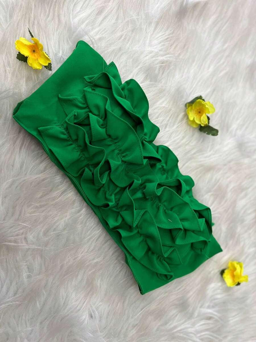 Strapless Cropped Top With Ruffled Tie - Variety Of Colors - Versatile Top - 橄欖綠 - 查看 1