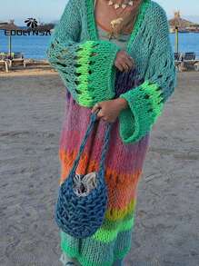 Abrigo colorido bohemio tejido a mano de lujo con mangas campana, cárdigan tipo kimono de ganchillo, tejido otoño invierno 2024