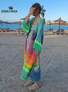 Abrigo colorido bohemio tejido a mano de lujo con mangas campana, cárdigan tipo kimono de ganchillo, tejido otoño invierno 2024