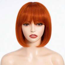 FASHION IDOL Bob Human Hair Wig With Bangs For Women Short Straight Hair 8 Inch Wine Red Glueless Machine Made Short Bob Wigs - S ORANGE - View 8