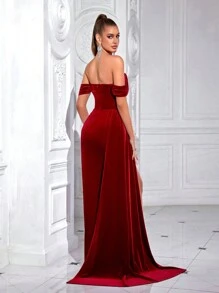 ADYCE Off-The-Shoulder High-Waisted Long Sash Front Slit Open Back Party Dress For Women Formal Banquet Gown - Burgundy - View 2