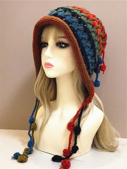 New Arrival Women's Winter Crochet Colorful Pom Pom Beanie With Tassel Tie, Braided Design Warm Earflap Hat, Knit Hat With Contrast Colors For Daily Wear Boho
