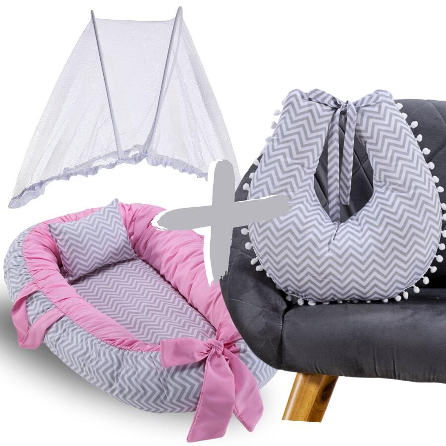MeF Mae e Filho Baby Crib Reducer Nest Kit + Breastfeeding Pillow + Removable Portable Mosquito Net - 灰色 V 字形搭配粉紅色 - 查看 1