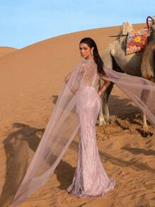 优雅薄纱袖美人鱼裙摆串珠亮片正式礼服，长袖长裙，适合舞会、婚礼宾客、毕业典礼、宴会等场合。 - 淺粉色 - 查看 2