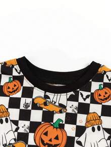 Halloween Black Plaid Ghost & Pumpkin Print Long Sleeve Outfit For Young Girl, Boys & Girls - Multicolor - View 3
