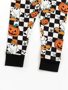 Halloween Black Plaid Ghost & Pumpkin Print Long Sleeve Outfit For Young Girl, Boys & Girls - Multicolor - View 5