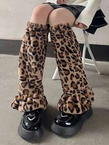 1 Paar Harajuku-Stil flauschige Kniestrümpfe: Dicke, flauschige Beinwärmer für Damen für Herbst und Winter - handwaschbar, Polyestermaterial, gemütlich - Braun - Übersicht 3