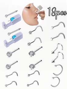 18 件/套无菌鼻穿孔套装，一次性低痛鼻钉枪，内置鼻钉，粉色/白色/黑色/紫色/青绿色/红色，20G 8 件混合不锈钢鼻环套装，穿孔美容工具及配件，适用于男士、女士、学生 - 銀色 - 查看 2