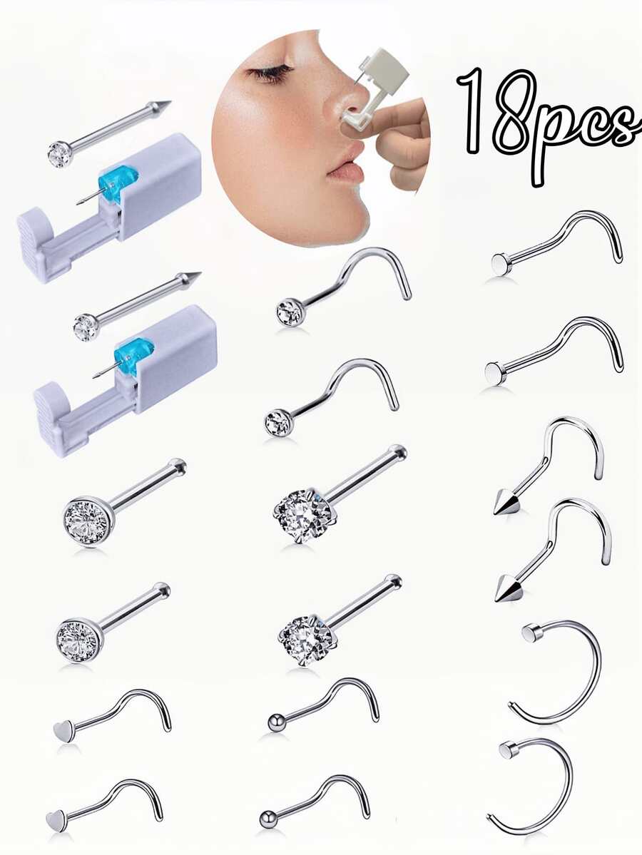 18 件/套无菌鼻穿孔套装，一次性低痛鼻钉枪，内置鼻钉，粉色/白色/黑色/紫色/青绿色/红色，20G 8 件混合不锈钢鼻环套装，穿孔美容工具及配件，适用于男士、女士、学生