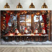 1 szt., baner poliestrowy na parapet okna z okazji świąt Bożego Narodzenia - czerwone zasłony świąteczne i tło z drzewa, odpowiedni do dekoracji przyjęć świątecznych, wielofunkcyjne rekwizyty fotograficzne bez prądu, używane do świąt Bożego Narodzenia i sezonowych uroczystości, Boże Narodzenie - Wielobarwność - Zobacz 1