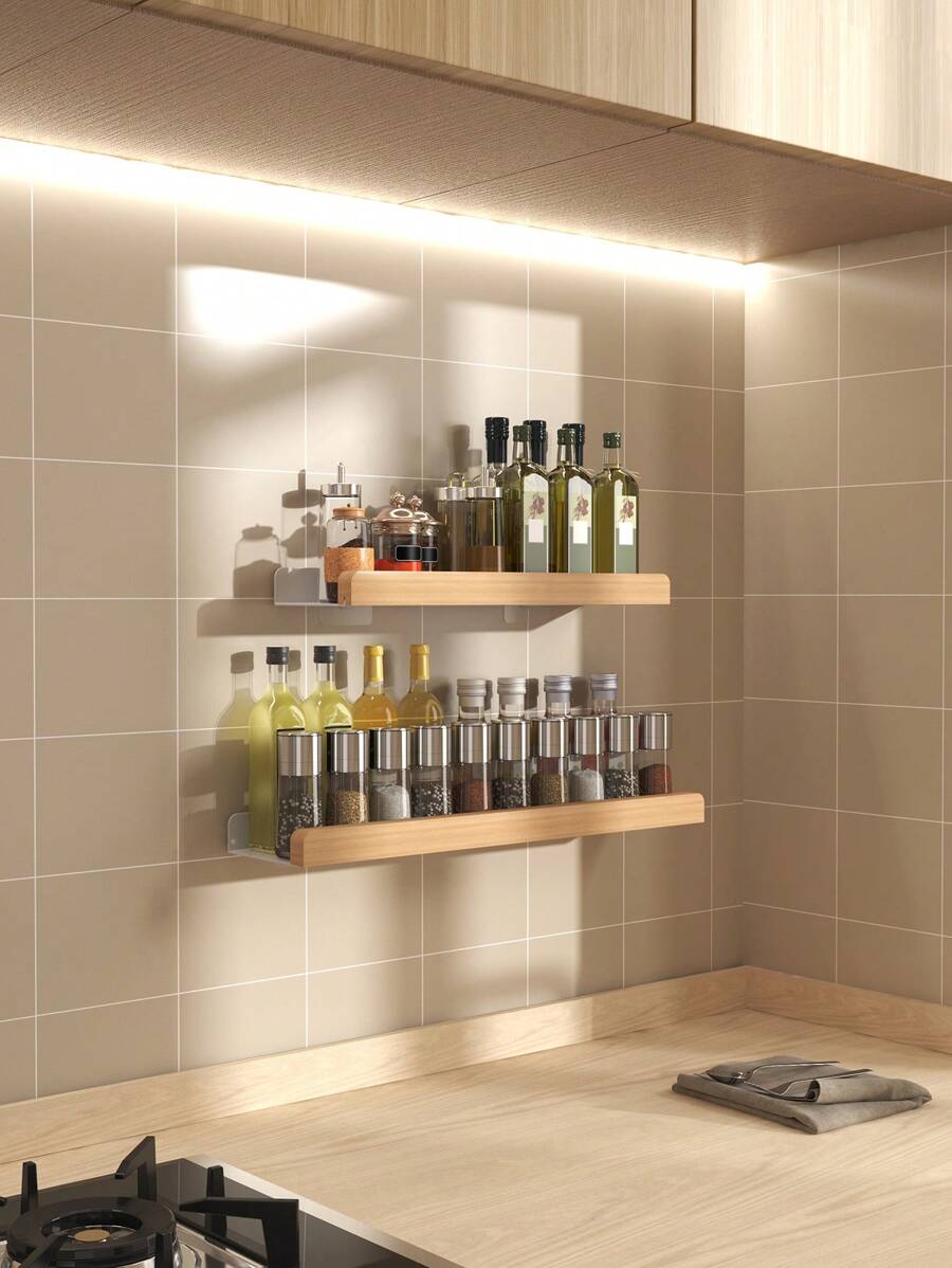 Wall-Mounted Multi-Function Storage Rack, Wooden Decorative Shelf For Kitchen Spices And Bathroom Essentials - No Drilling Required, Kitchen Organization And Storage, Kitchen Supplies Kitchen Items Kitchen Accessories Kitchen Tools