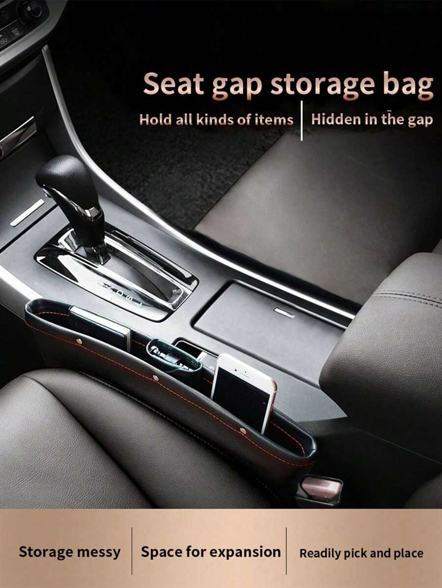 1pc Car Seat Gap Filler, Multifunctional Car Seat Crevice Storage Box, Universal For Sedan, SUV, Truck, With Phone And Lipstick Holder, Fills Gaps Between Seat And Console, PU Leather Car Organizer, Enhances Comfort, Suitable For All Seasons, Decorates Car Interior, Automotive Accessory - Black - View 1